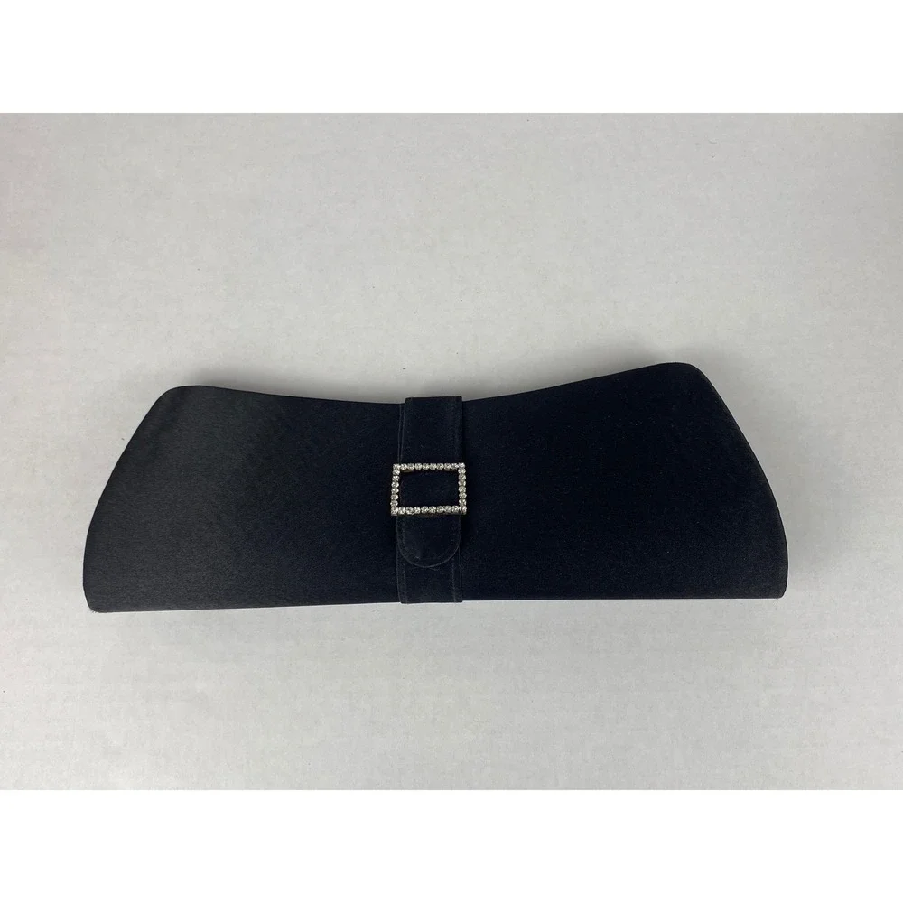 Black Satin Evening Clutch Bag Rhinestone Buckle Silver‎ Chain Strap Formal Bag